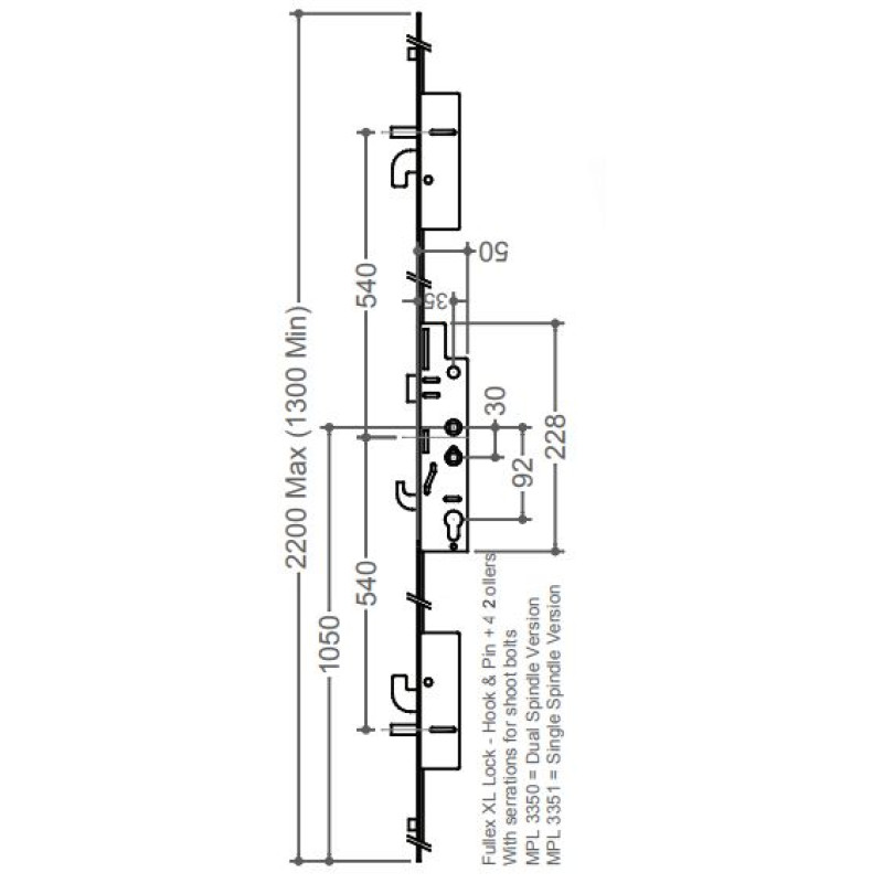 Fullex XL 3 Hook 2 Pin 2 Roller 35mm Backset Multi Point Door Lock with